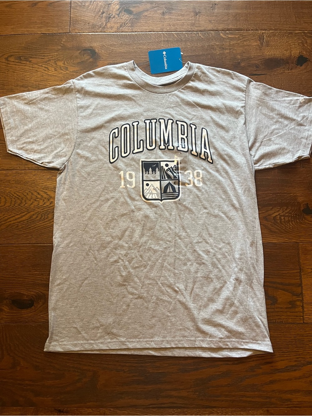 Columbia Sportswear Men's Large T-Shirt Heather Gray Graphic Crest Shield 1938